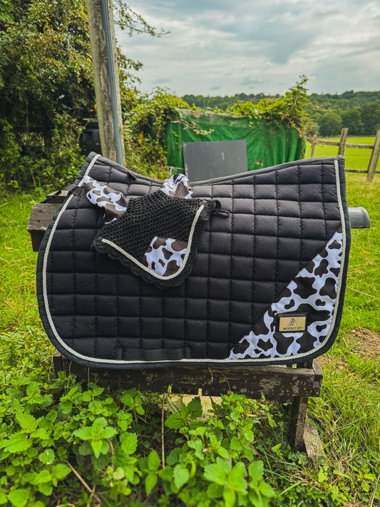 Black Liqourice Cow Print Ear Bonnet